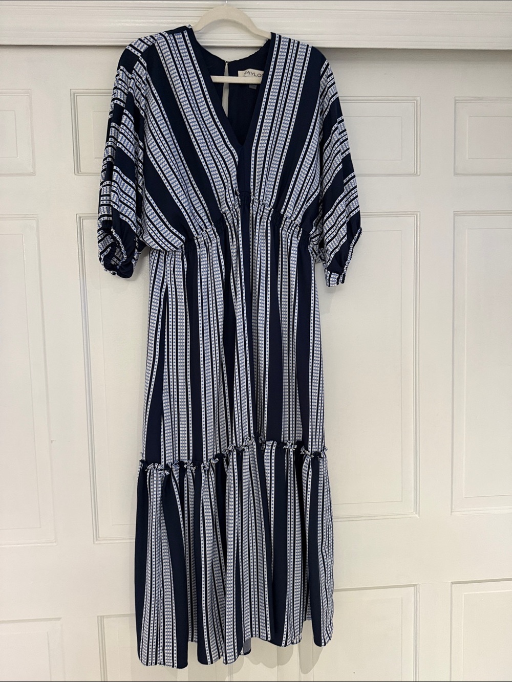 Navy & White Striped V-Neck Midi Dress